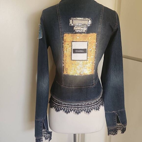Dollhouse Denim Upcycled Custom Jacket, Military Style, Lace, Sequin Patch, M - Picture 6 of 8